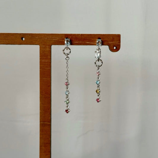 Aquamarine And Tourmaline Asymmetric Sterling Silver Earring