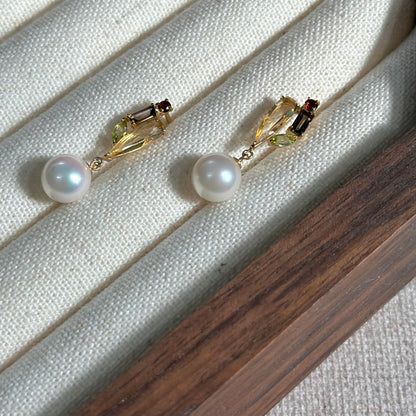Japan Akoya Pearl And Citrine Mixed 18K Gold Earring