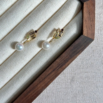 Japan Akoya Pearl And Citrine Mixed 18K Gold Earring