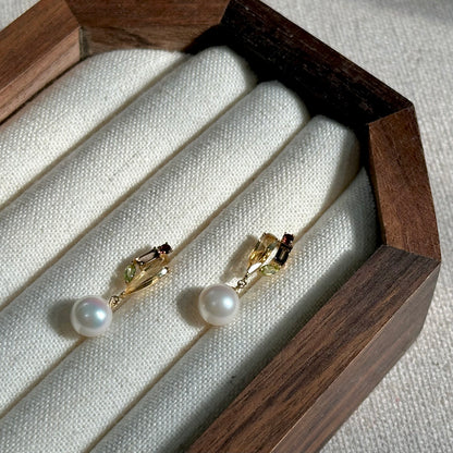 Japan Akoya Pearl And Citrine Mixed 18K Gold Earring