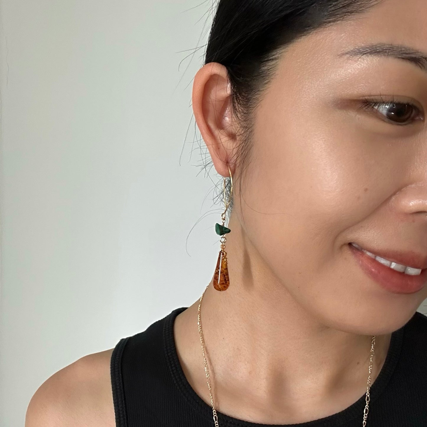 Amber And Malachite Gold-plated Earring