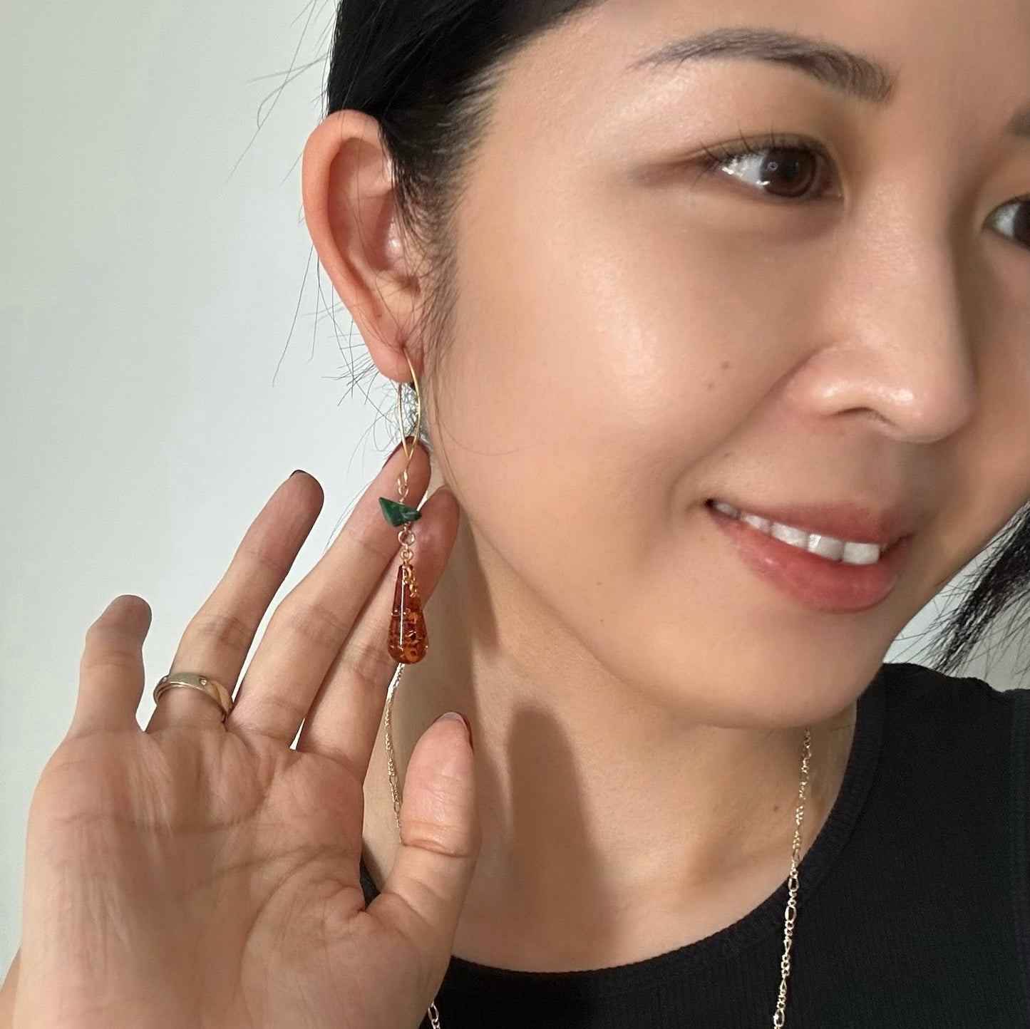 Amber And Malachite Gold-plated Earring