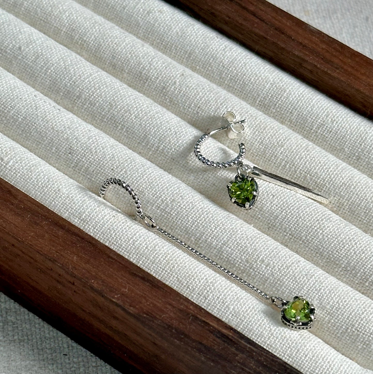 Peridot Heart Asymmetric Sterling Silver Ear Hoop
