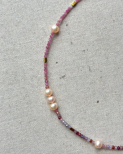 Red Spinel And Pink Tourmaline Mixed Freshwater Pearl Beaded Necklace