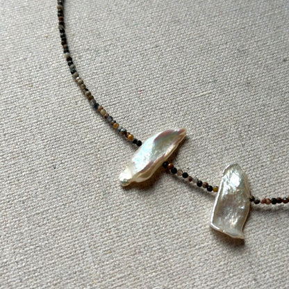 Pietersite And Baroque Pearl Beaded Necklace