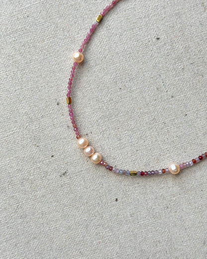 Red Spinel And Pink Tourmaline Mixed Freshwater Pearl Beaded Necklace