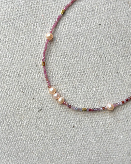 Red Spinel And Pink Tourmaline Mixed Freshwater Pearl Beaded Necklace
