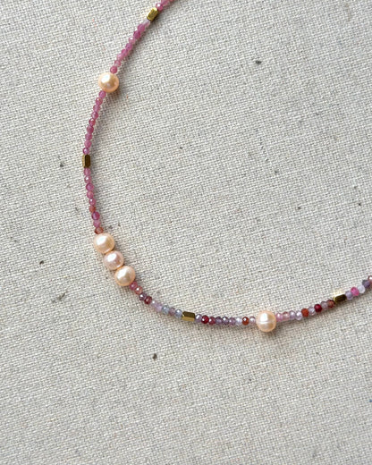 Red Spinel And Pink Tourmaline Mixed Freshwater Pearl Beaded Necklace