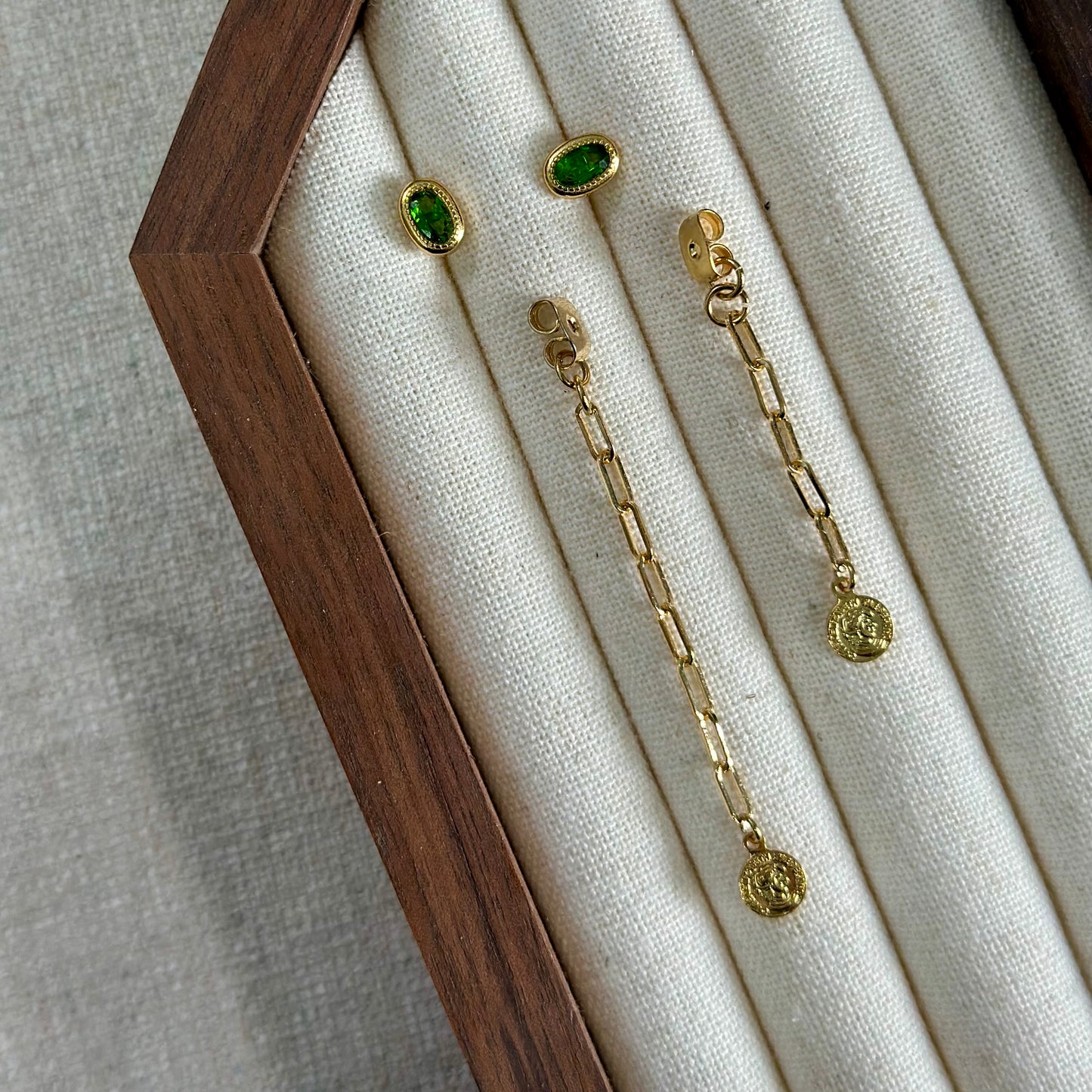 Diopside Chain Two-way Gold-plated Earring