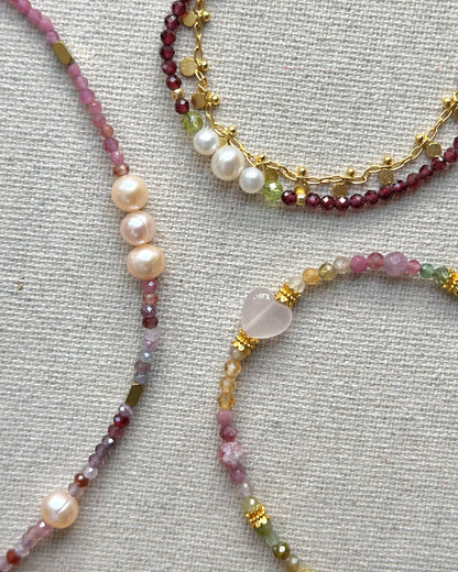 Red Spinel And Pink Tourmaline Mixed Freshwater Pearl Beaded Necklace