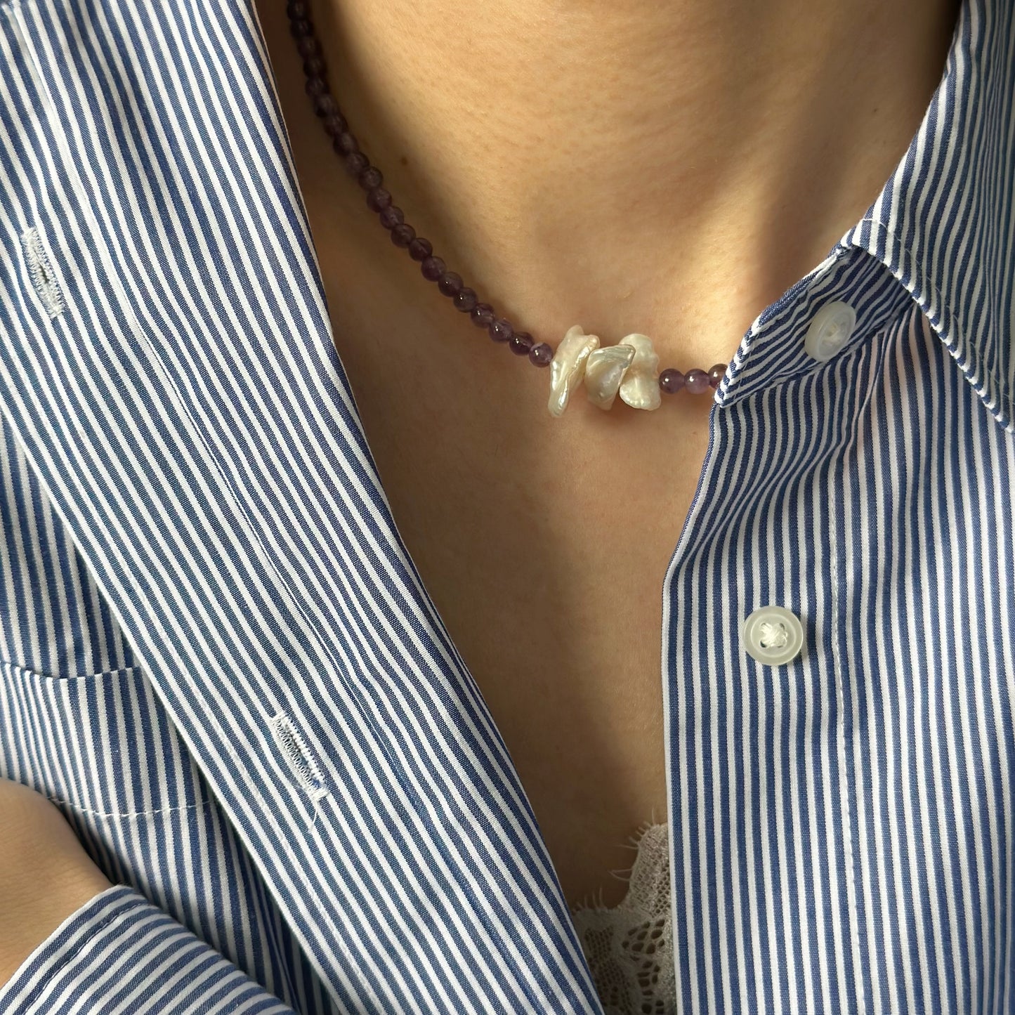 Amethyst And Baroque Pearl Beaded Necklace