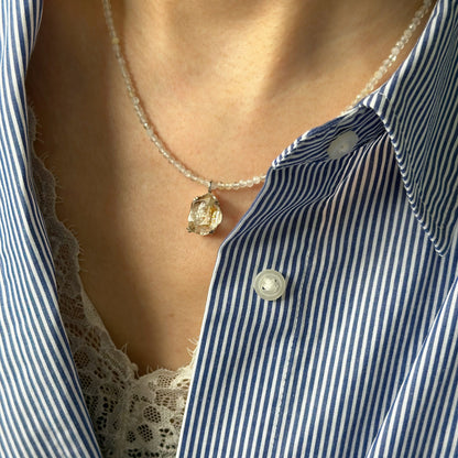 Golden Rutilated Quartz Beaded And Herkimer Diamond Necklace