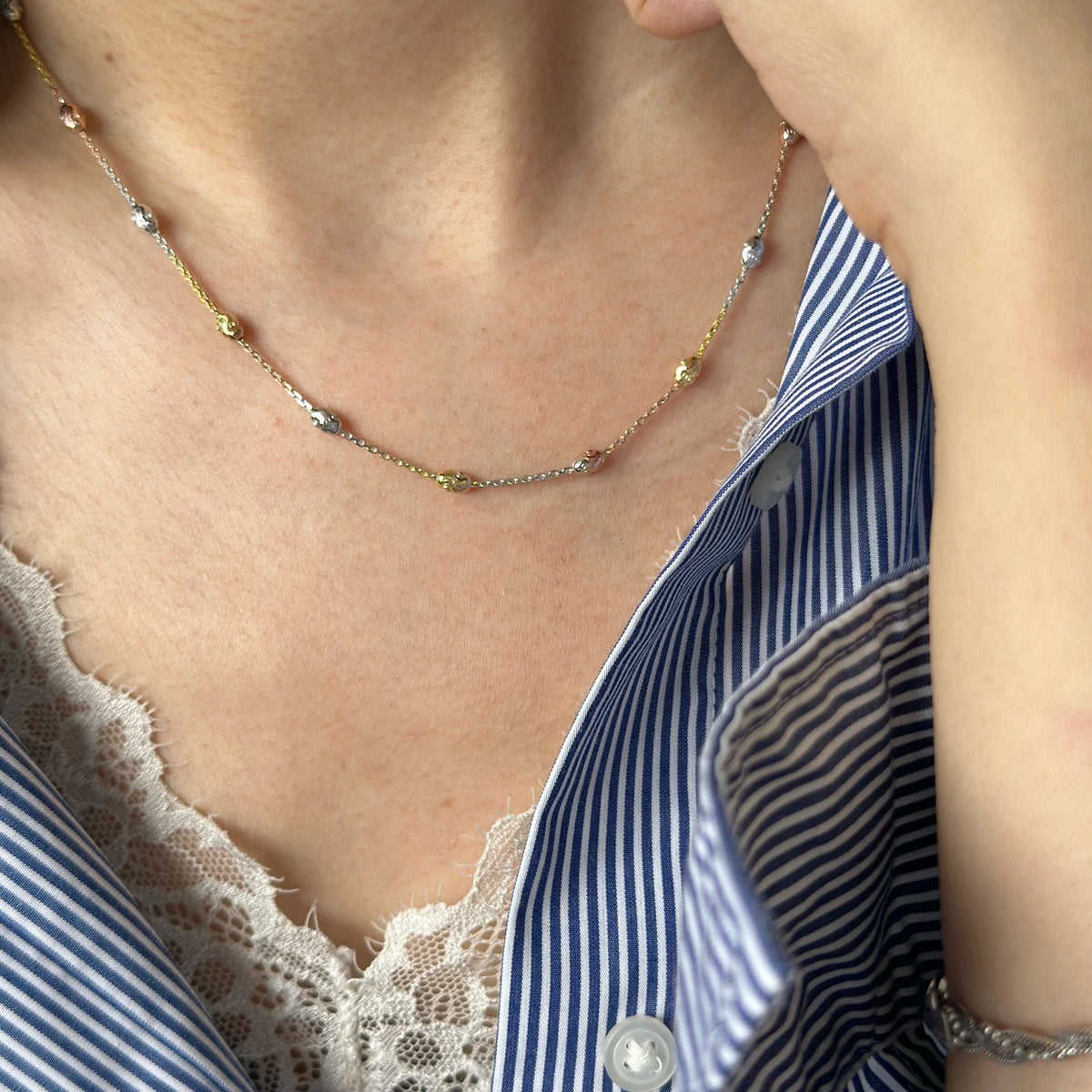 Triple Tone Gold-plated Italian Sterling Silver Necklace
