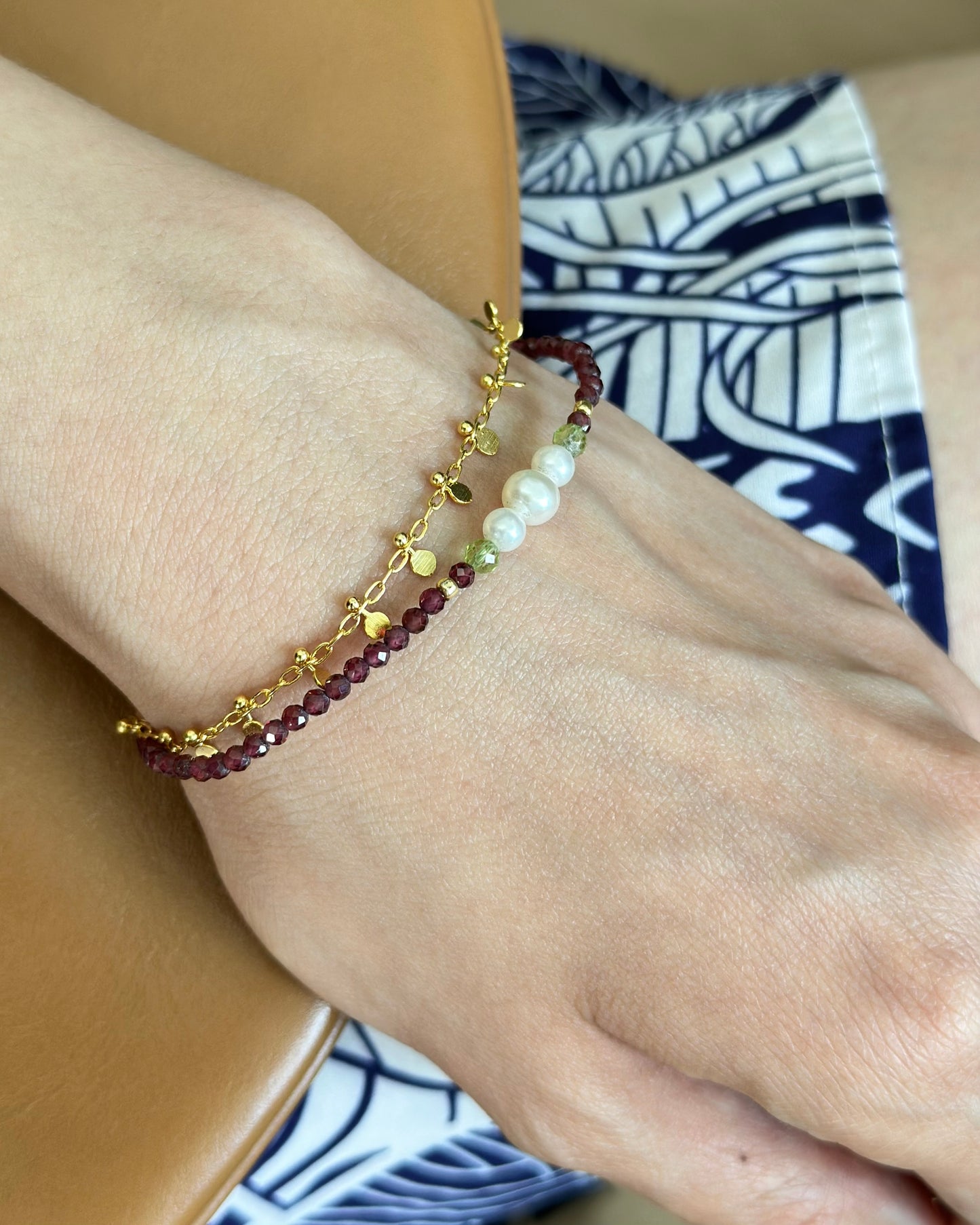 Garnet And Peridot Beaded Double Layer Bracelet