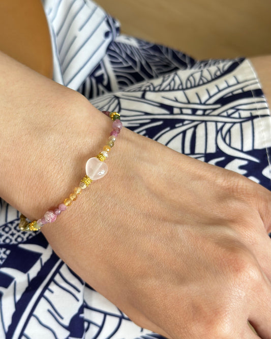 Tourmaline Mixed And Rose Quartz Heart Beaded Bracelet
