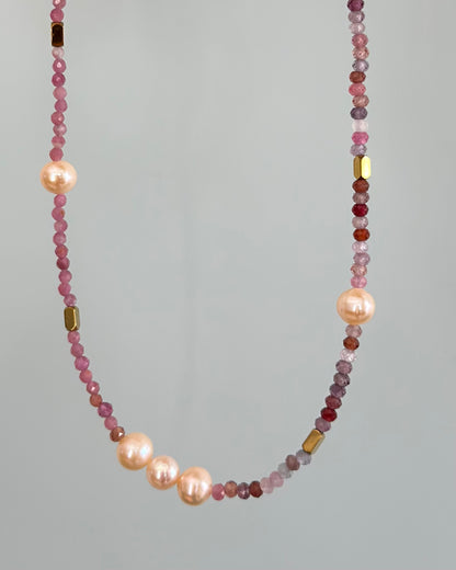 Red Spinel And Pink Tourmaline Mixed Freshwater Pearl Beaded Necklace