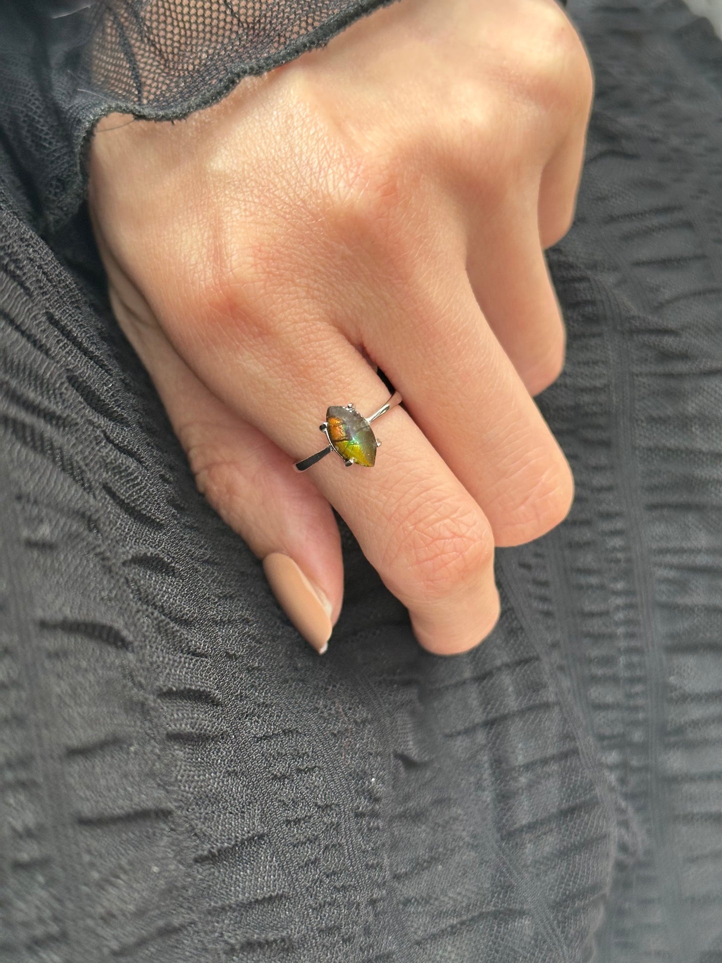 Ammolite Irregular shaped Adjustable Sterling Silver Ring