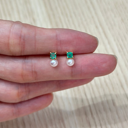Emerald And Akoya Pearl 18K Solid Gold Ear Stud
