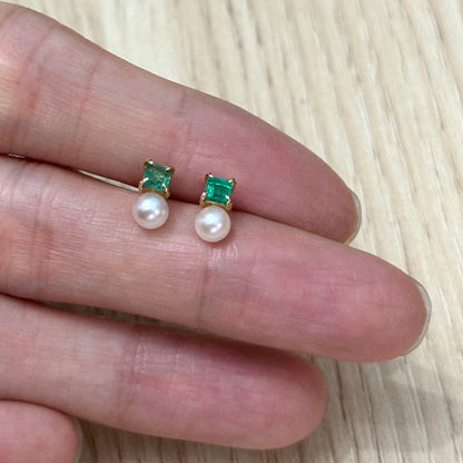 Emerald And Akoya Pearl 18K Solid Gold Ear Stud