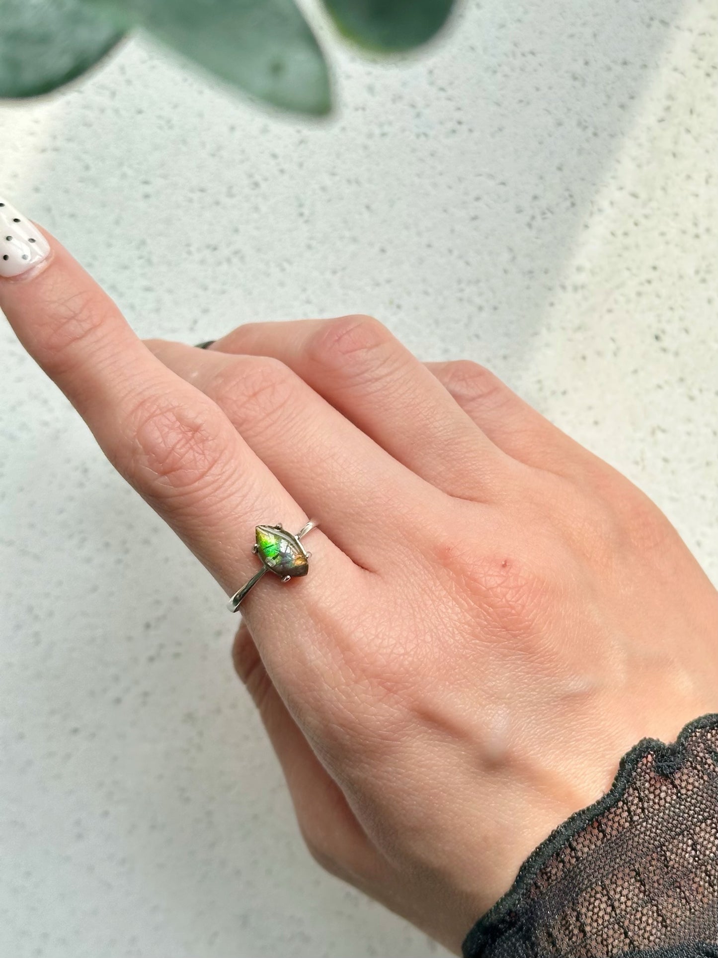 Ammolite Irregular shaped Adjustable Sterling Silver Ring