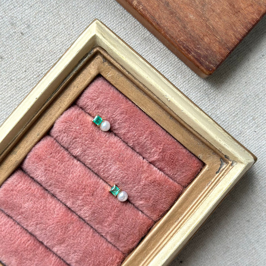 Emerald And Akoya Pearl 18K Solid Gold Ear Stud
