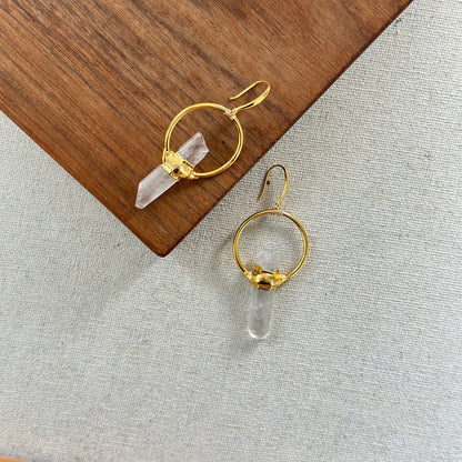 Clear Quartz Raw Stone Wire Wrapping Gold-plated Earring