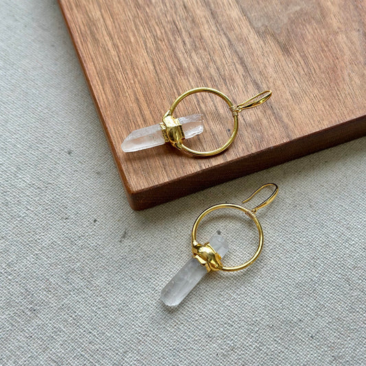 Clear Quartz Raw Stone Wire Wrapping Gold-plated Earring