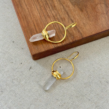 Clear Quartz Raw Stone Wire Wrapping Gold-plated Earring