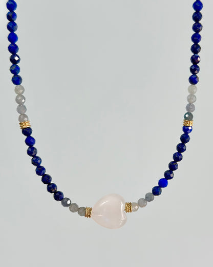 Lapis Kyanite Mixed And Moonstone Heart Beaded Necklace