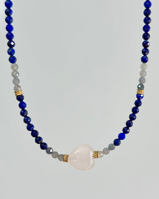 Lapis Kyanite Mixed And Moonstone Heart Beaded Necklace