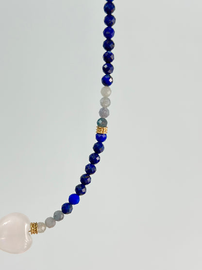 Lapis Kyanite Mixed And Moonstone Heart Beaded Necklace