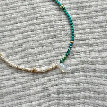 Turquoise Mix Freshwater Pearl Moonstone Beaded Necklace