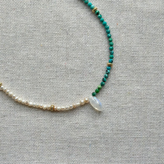 Turquoise Mix Freshwater Pearl Moonstone Beaded Necklace