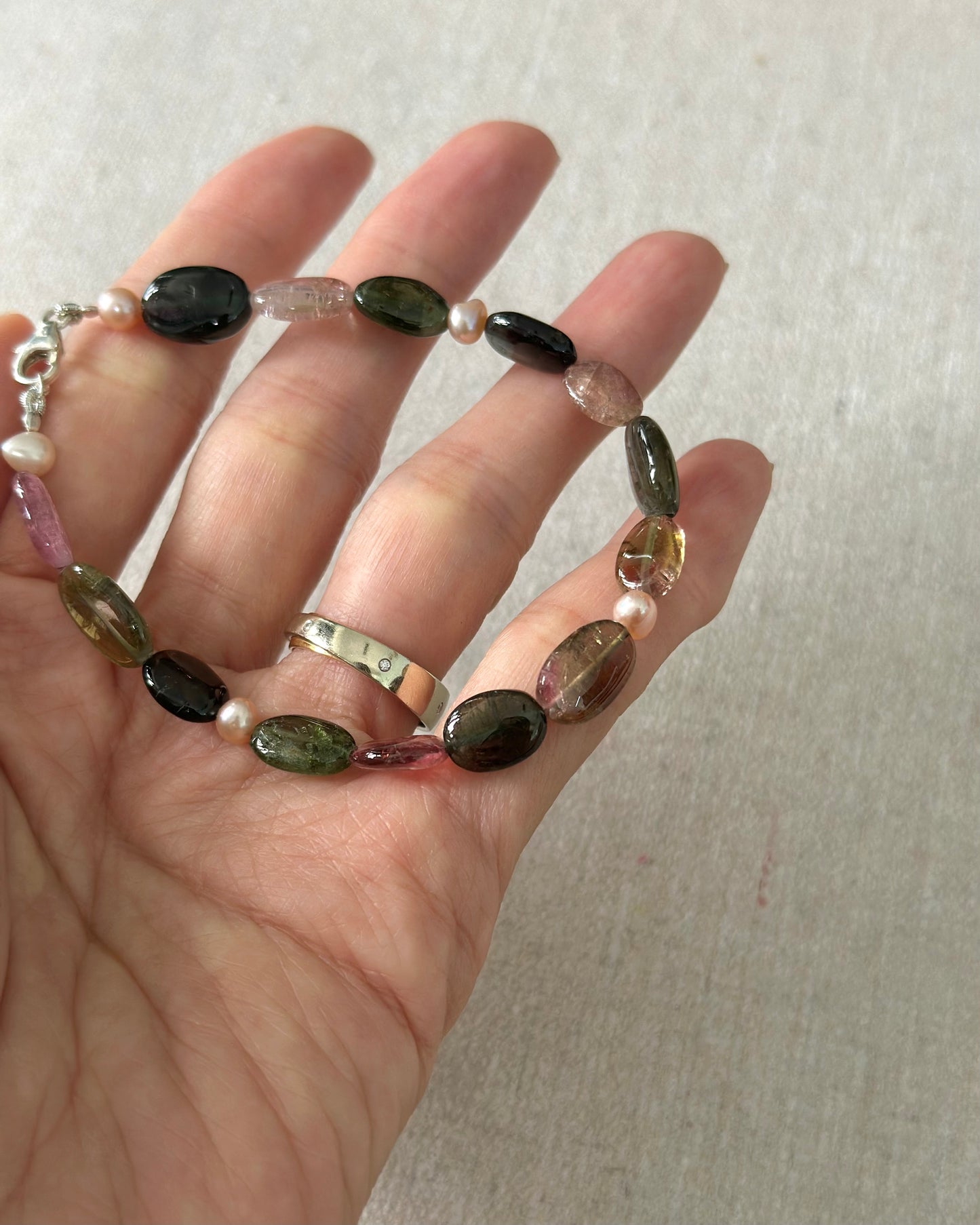 Tourmaline Mix And Freshwater Pearl Beaded Bracelet