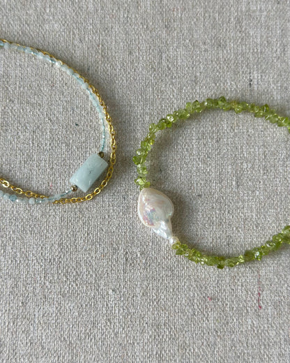 Aquamarine Beaded Double Layer Gold-plated Bracelet