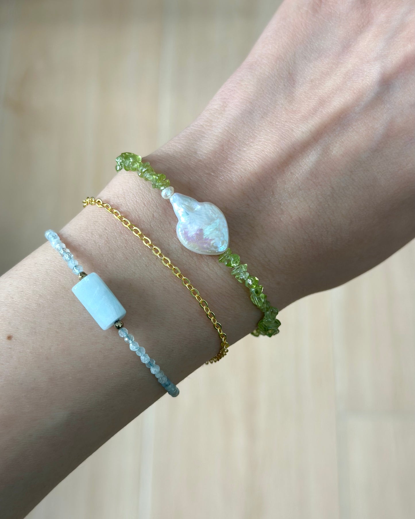 Aquamarine Beaded Double Layer Gold-plated Bracelet