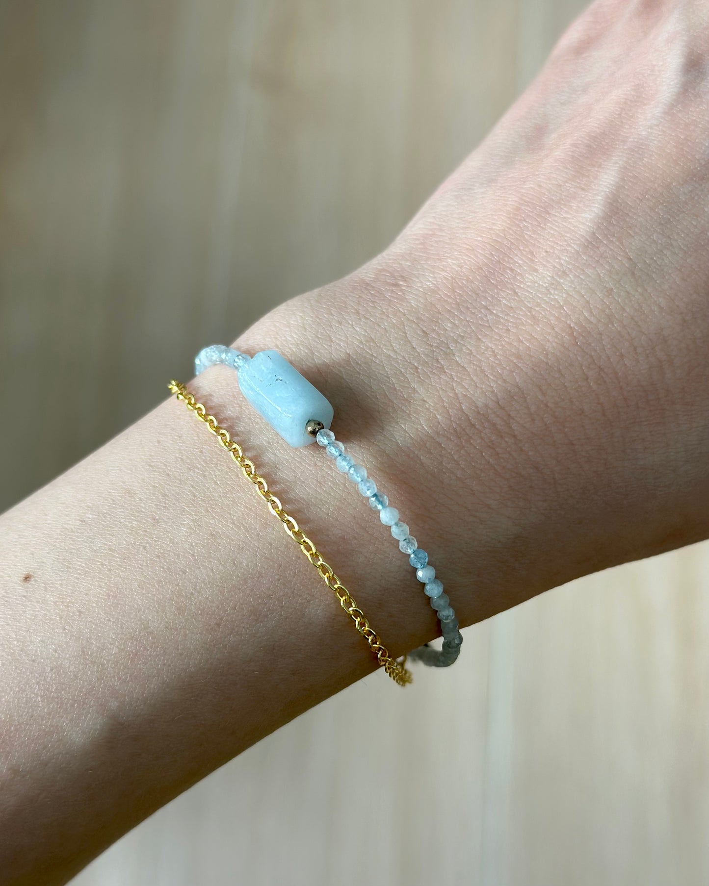 Aquamarine Beaded Double Layer Gold-plated Bracelet