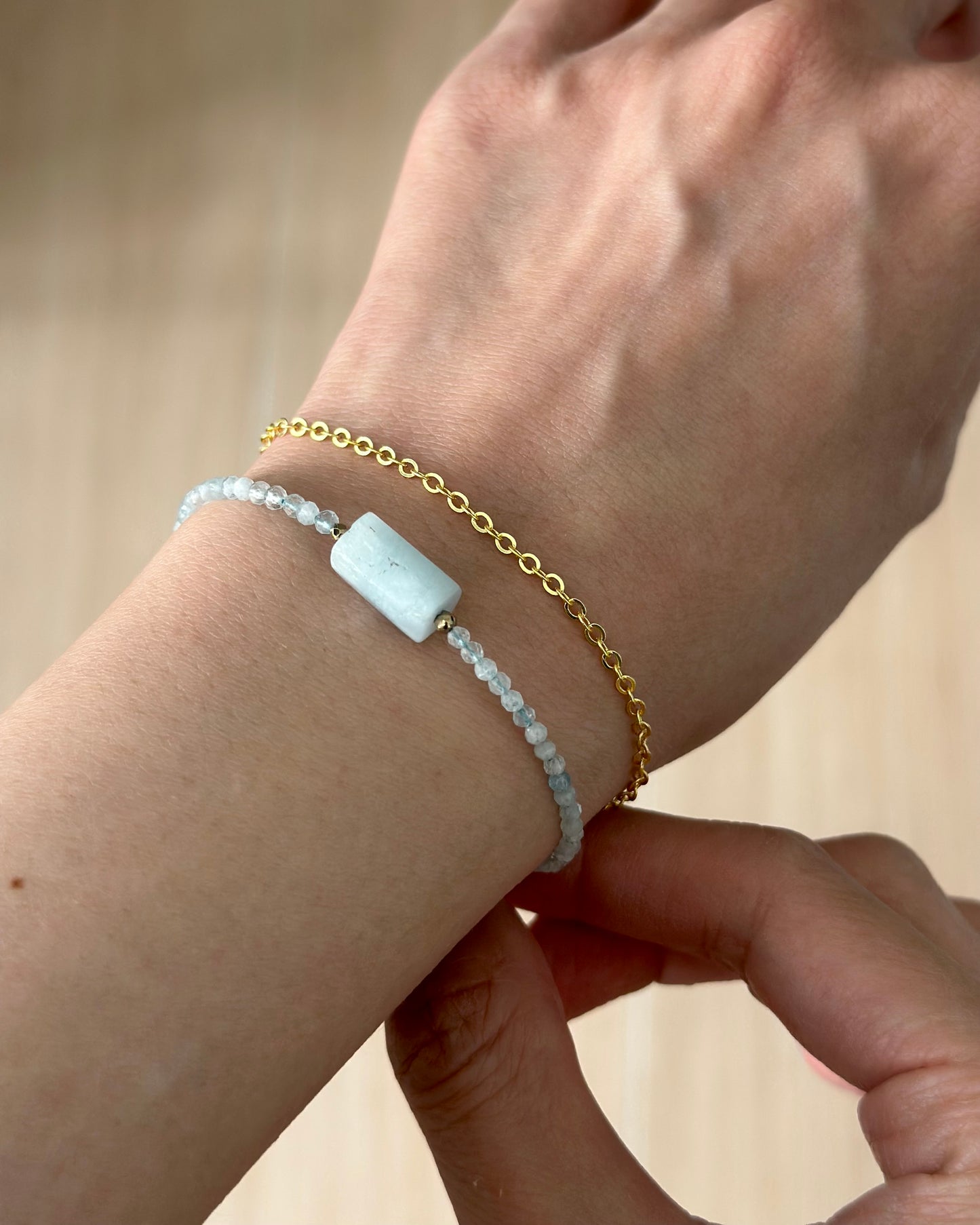 Aquamarine Beaded Double Layer Gold-plated Bracelet