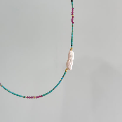 Turquoise Mix Ruby And Freshwater Pearl Beaded Necklace