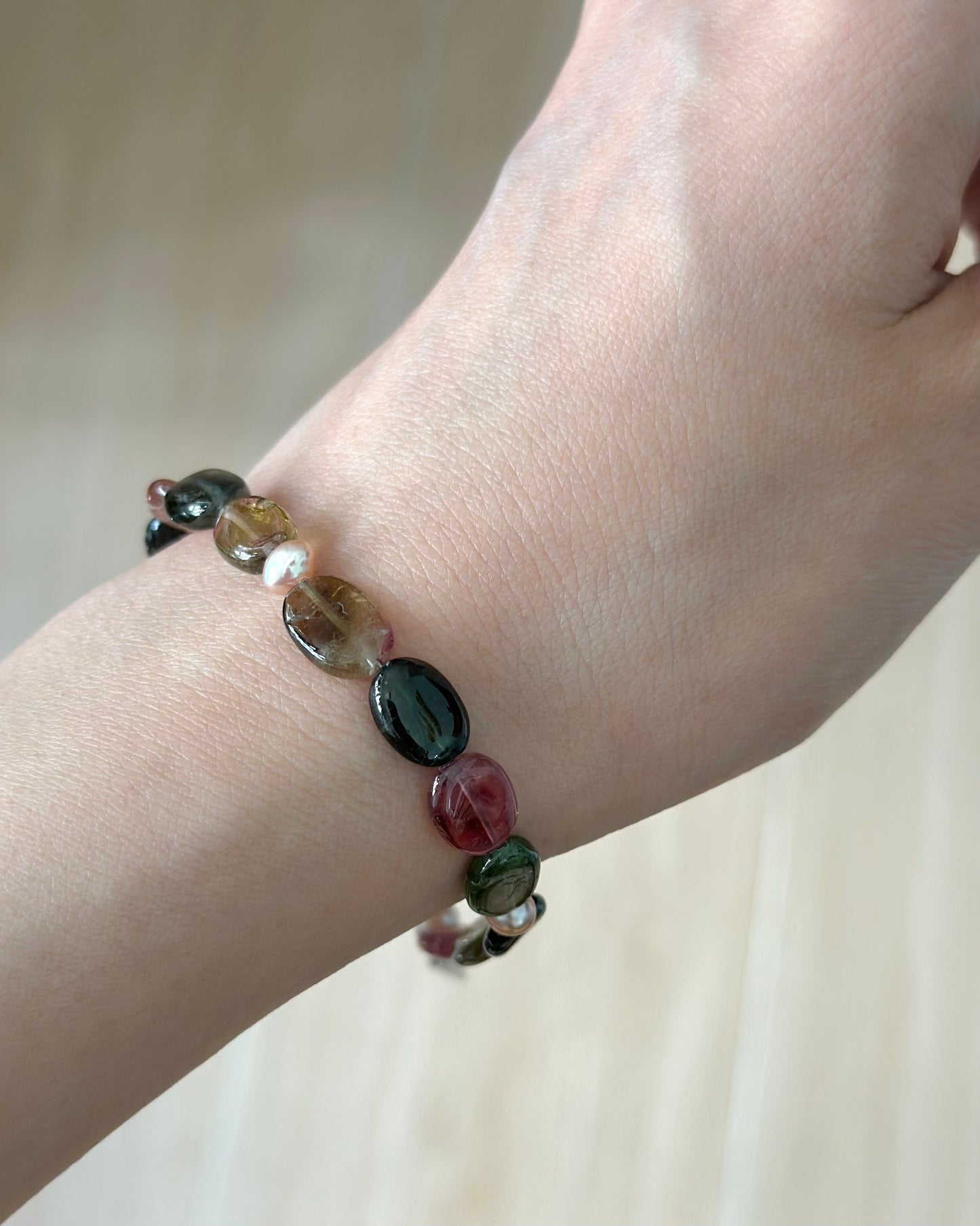 Tourmaline Mix And Freshwater Pearl Beaded Bracelet
