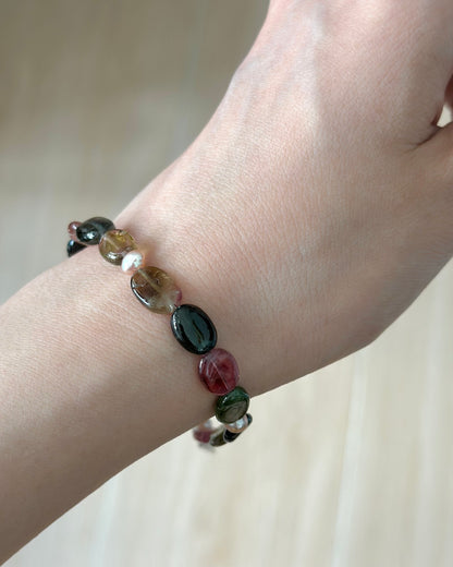 Tourmaline Mix And Freshwater Pearl Beaded Bracelet
