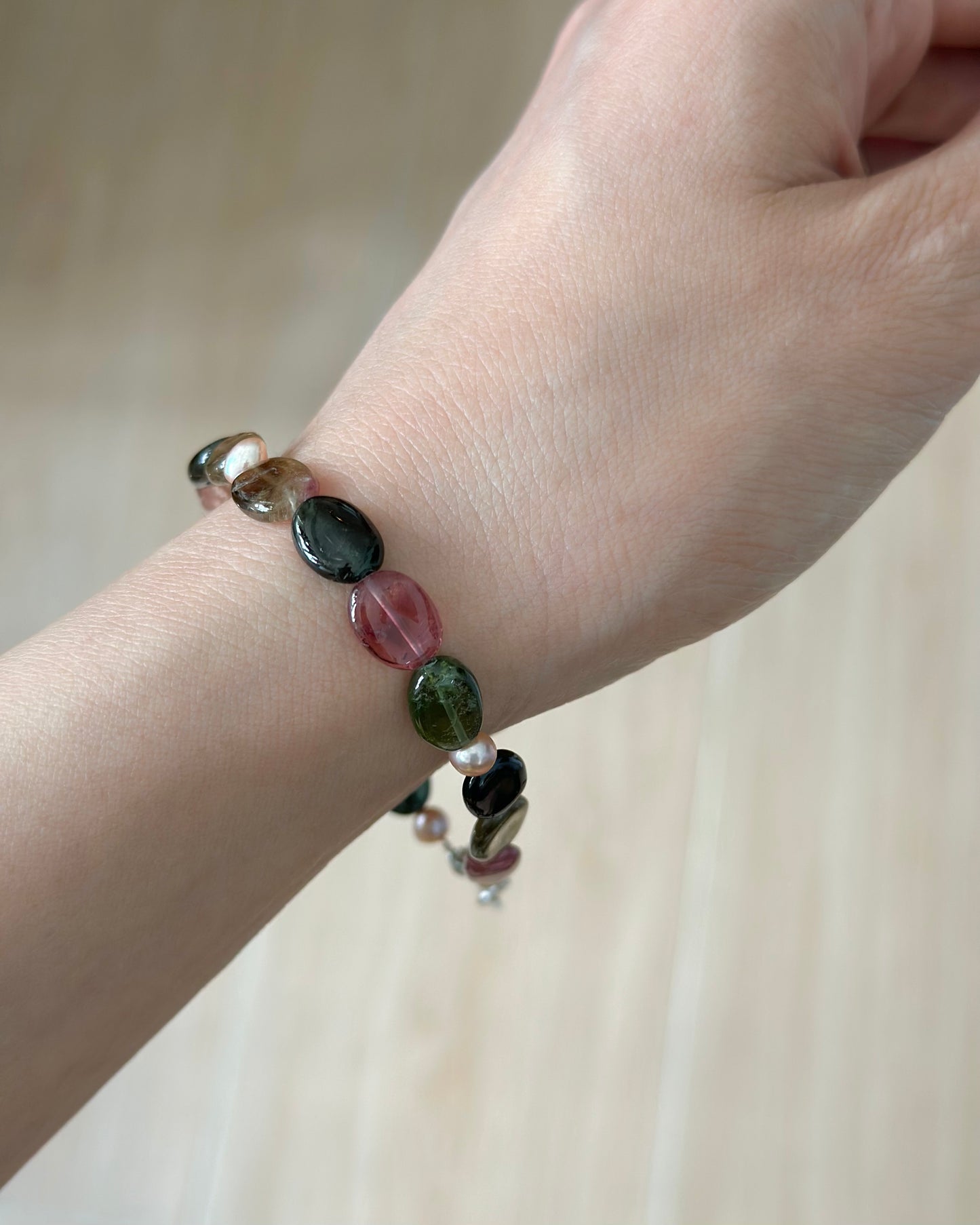 Tourmaline Mix And Freshwater Pearl Beaded Bracelet