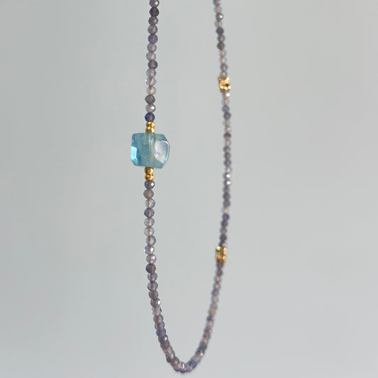 Iolite And Aquamarine Cube Beaded Necklace
