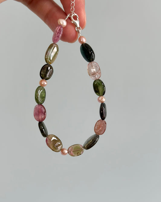 Tourmaline Mix And Freshwater Pearl Beaded Bracelet