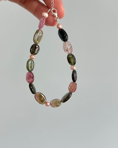 Tourmaline Mix And Freshwater Pearl Beaded Bracelet