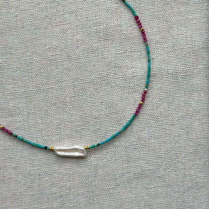 Turquoise Mix Ruby And Freshwater Pearl Beaded Necklace