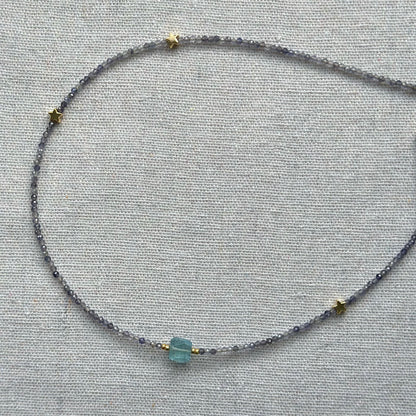 Iolite And Aquamarine Cube Beaded Necklace
