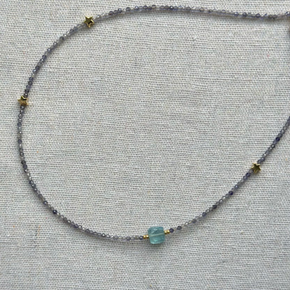 Iolite And Aquamarine Cube Beaded Necklace