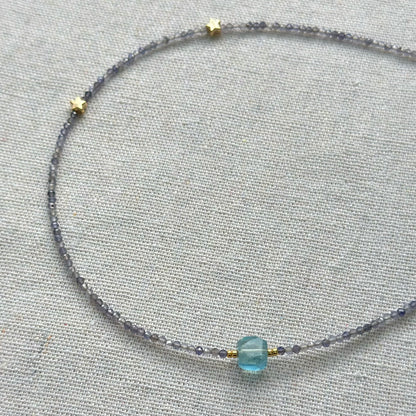 Iolite And Aquamarine Cube Beaded Necklace