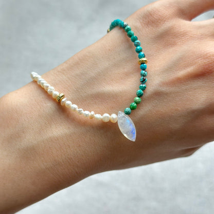 Turquoise Mix Freshwater Pearl Moonstone Beaded Necklace